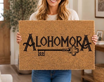 Alfombra Alohomora, felpudo con estampado de llave, felpudo con hechizo de desbloqueo, alfombra divertida, regalo de inauguración de casa, felpudo de fibra de coco, regalo para amantes del cine, felpudo para la puerta principal
