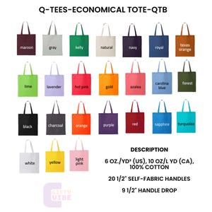 Puede incluir: Una colecci&oacute;n de bolsas de mano coloridas en varios tonos, incluyendo granate, gris y azul marino. Cada bolsa presenta un dise&ntilde;o simple con un cuerpo rectangular y asas a juego. El texto "Q-TEES-ECONOMICAL TOTE-QTB" est&aacute; en la parte superior.