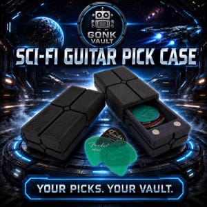 May include: A black rectangular guitar pick case with a sliding drawer mechanism, featuring a textured surface and magnetic closure. Two green and one black Fender medium guitar picks are positioned in front of the open case, which displays the text GONK VAULT, SCI-FI GUITAR PICK CASE, and YOUR PICKS. YOUR VAULT.