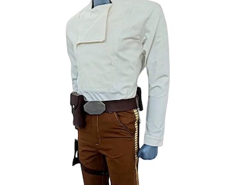 May include: A long-sleeved white shirt with a high collar and an asymmetrical front flap, paired with brown trousers featuring a gold-colored side stripe. A dark brown belt with a metallic buckle and an attached brown holster is worn at the waist.