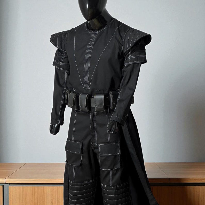 May include: A black costume displayed on a mannequin. The outfit includes a long-sleeved top with shoulder pads, cargo pants, and a belt with pouches. White stitching details the seams. The costume has a futuristic or sci-fi aesthetic.