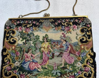 Vintage italienische Abendtasche mit Gobelinstickerei, Landschaftsmotiv, Goldrahmen, hergestellt in Italien