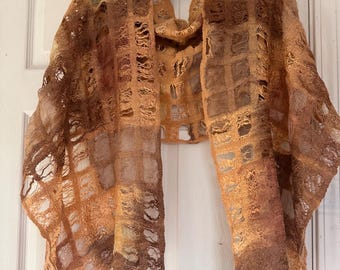 Handmade Nuno Felted Shawl – Merino Wool, Margilan Silk & Viscose – 74” Long – Bohemian Wearable Art