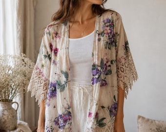 Italian Linen Floral Kimono Cardigan Boho Lace Duster Cottagecore Wrap One Size