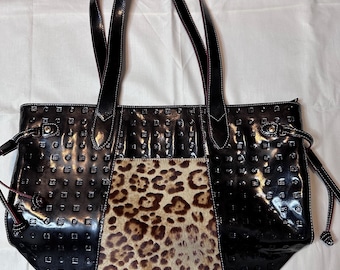 Vintage Arcadia Italy Patent Leather Tote Bag Leopard Haircalf Accent Black Shoulder Bag Large Italian Designer Purse Y2K Luxe