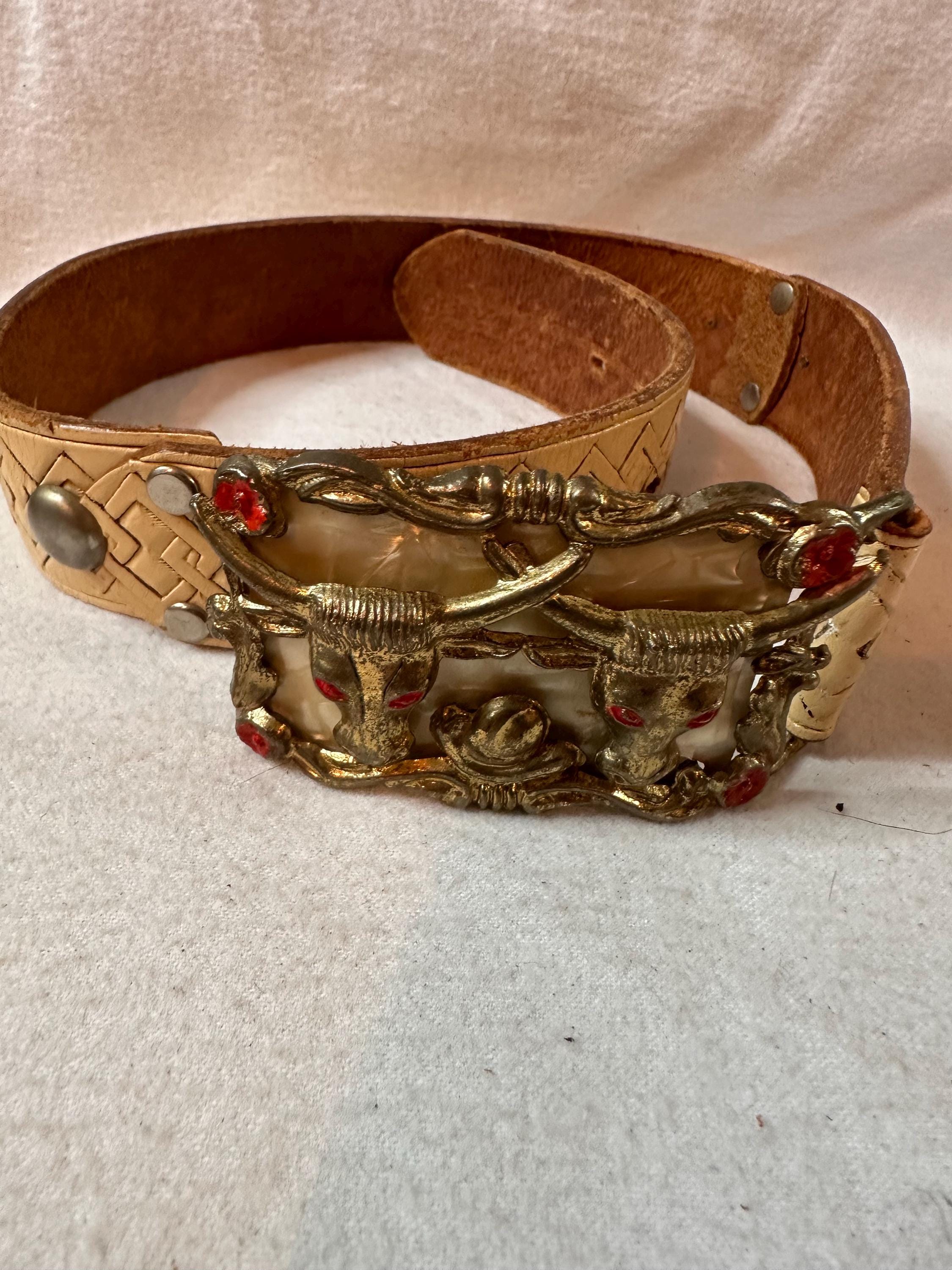 Vintage Western Leather Belt Bull Longhorn Buckle Cowboy  display picture 1