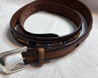 Vintage Brighton Leather Belt Size 36 Brown Western Style Embroidered Inlay Silver Buckle Y2K