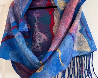 Handmade Felted Shawl – Merino Wool, Silk & Viscose Wrap, One-of-a-Kind Wearable Art, Boho Festival Statement Scarf