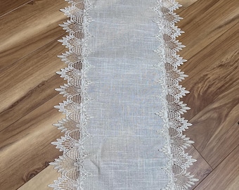 Vintage Linen Table Runner with Lace | Handcrafted Natural Linen Runner | Farmhouse French Country Table Decor