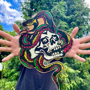Tattoo Style Snake and Skull Wall Art - Hand Painted Wooden Cutout | American Traditional Flash Decor | Lase Cut Wooden Oldschool Tattoo