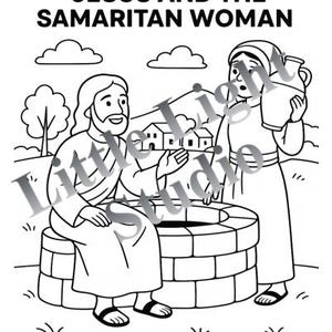 May include: Black and white illustration of Jesus and the Samaritan woman at a well. The image includes the text "JESUS AND THE SAMARITAN WOMAN" and "John 4:1-26". The scene shows two figures and a well.