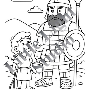 May include: Black and white illustration of a small boy facing a large warrior. The warrior wears a helmet, armor, and carries a spear and shield. The boy holds a sling. The background features rolling hills and clouds.