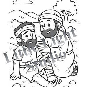 May include: Black and white illustration of two figures in a biblical scene. One figure, with a bandaged head and leg, sits on the ground. The other figure, kneeling, offers a cup. The background includes a tree, hills, and clouds.
