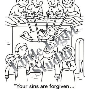 Op de afbeelding: Zwart-wit illustratie van een bijbelse scène. Verschillende mannen dragen een persoon op een draagbaar. Andere figuren staan ​​in de buurt. De tekst luidt: "Uw zonden zijn vergeven... Sta op, neem uw mat en loop." - Marcus 2:10-11