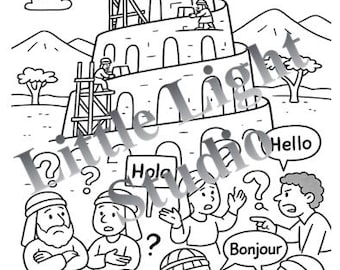 Tower of Babel | Confusion| Different Languages – Bible Coloring Page for Kids (A4 Portrait)