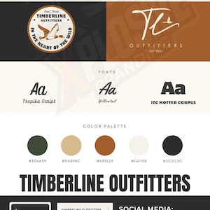 Puede incluir: Dise&ntilde;o gr&aacute;fico para Timberline Outfitters, con logotipos, paletas de colores y ejemplos de fuentes. El dise&ntilde;o incluye una ilustraci&oacute;n de pato volando, texto y promoci&oacute;n de redes sociales para historias y publicaciones de Instagram.