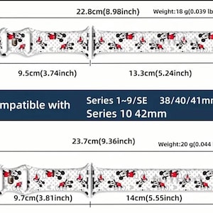 Può includere: Cinturino bianco per orologio con motivo ripetuto di Topolino in rosso, nero e bianco. Il cinturino è lungo 22,8 cm e pesa 18 g. Compatibile con le serie 1-9/SE 38/40/41mm e la serie 10 42mm.