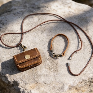Vintage Genuine Leather AirPods Case - Handmade Premium Earphone Protective Case with Detachable Chest Strap and Lanyard (for Apple AirPods)