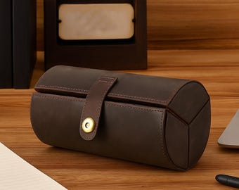 Vintage Genuine Leather Sunglasses Case | Cylindrical Portable Three-Piece Eyeglass Organizer, Handcrafted  Eyeglass Organizer,Gift For Him
