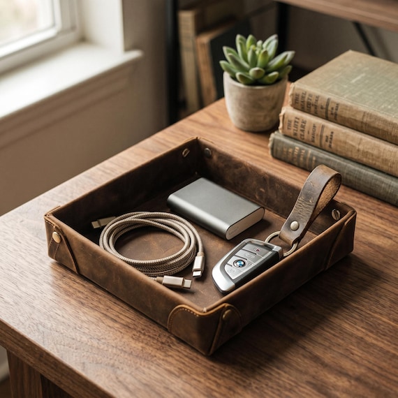Genuine Leather Square Valet Tray, Foldable Catchall Desk Organizer, Custom Engraved Vintage Table Storage Gift For Him & Her