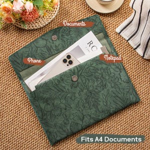 May include: Green leather document holder with a floral pattern. The open clutch contains a phone, notepad, and documents. The text on the bottom says "Fits A4 Documents".