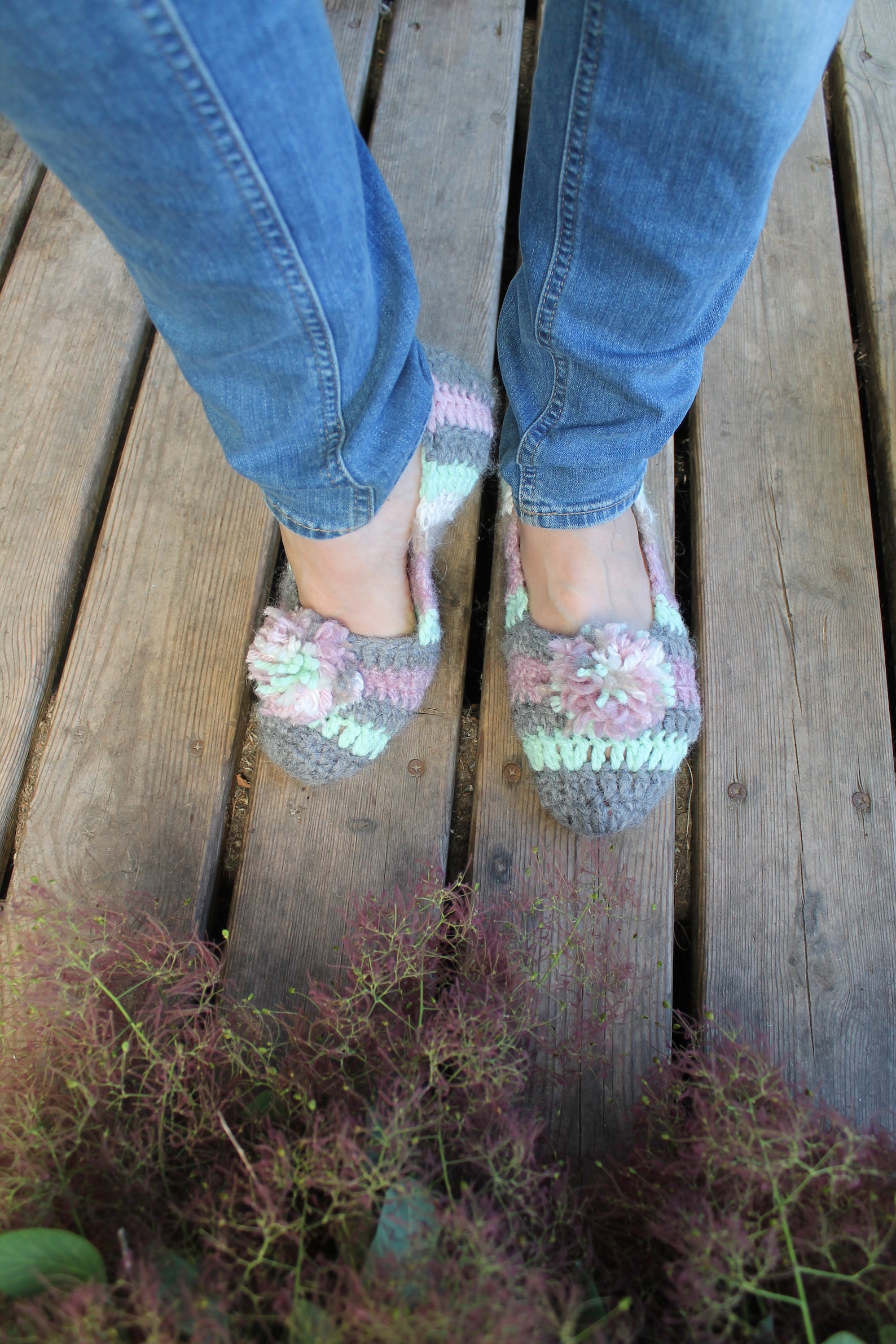 slippers crochet pompom woman home shoes gift for her soft wool ballet flats knitted pink gray green adult cozy home socks gift