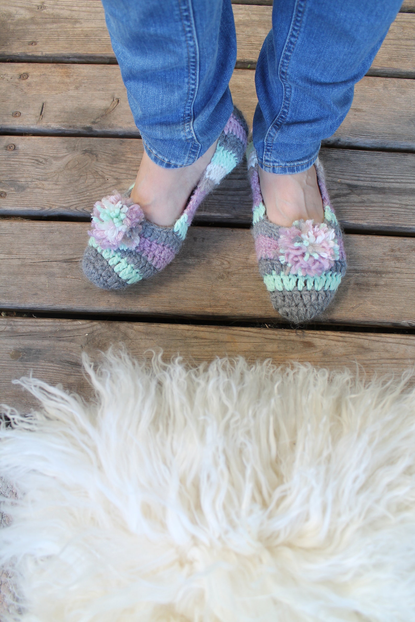 slippers crochet pompom woman home shoes gift for her soft wool ballet flats knitted pink gray green adult cozy home socks gift