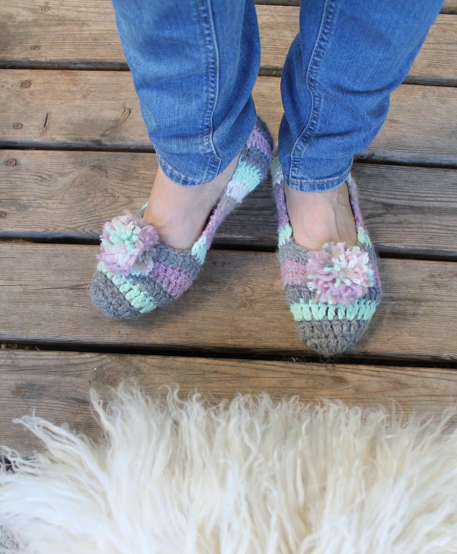 slippers crochet pompom woman home shoes gift for her soft wool ballet flats knitted pink gray green adult cozy home socks gift