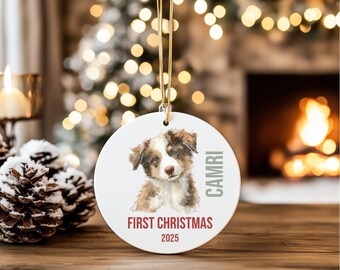 Personalized Puppy's First Christmas Ornament: Watercolor Dog Keepsake