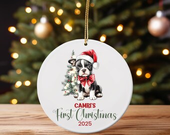 Personalized Boston Terrier Puppy First Christmas Ornament: Custom Dog Keepsake
