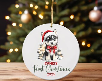 Personalized Husky Puppy First Christmas Ornament: Custom Dog Keepsake