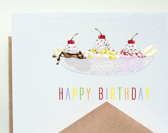 Happy Birthday -- Ice Cream -- Banana Split -- Birthday Card  --- Card/Envelope Set