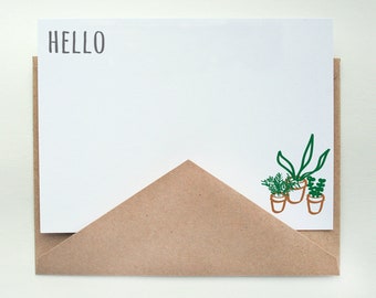 Tiny Plants Stationery -- Hello -- Set of Flat Notes and Envelopes- CHOOSE your QUANTITY