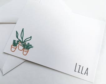Papelería personalizada -- Las plantas diminutas -- LILA -- Conjunto de papelería contemporánea de notas personalizadas y sobres- ELIGE tu CANTIDAD