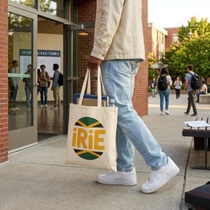 May include: A person walking on a college campus, carrying a cream-colored tote bag. The bag features the text "iRIE" in yellow, with a green, black, and yellow circular design. The bag is filled with books and a water bottle.