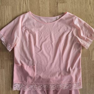 Vintage Pink Lingerie Set Shadowline Lace Trim Pajama Set Soft Nylon Romantic Loungewear