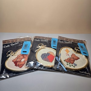 Dale Burdett Cross Stitch Kits 1987 – Set of 3 Teddy Bear & Heart Mini Kits Sealed