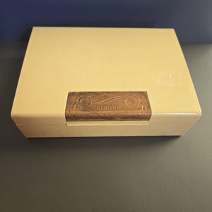 May include: A rectangular, cream-colored plastic storage box with a hinged lid. Centered on the front is a rectangular, metallic bronze-toned latch plate featuring an embossed, decorative scrollwork border and the word SINGER in the center.
