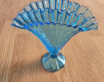 Vintage Blue Glass Fan Vase Ruffled Edge Mid Century Modern Pedestal Aqua Teal Pressed Glass Decor