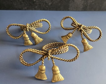 Vintage Gold Rope Napkin Rings Set of 3 Tassel Bow Hollywood Regency Table Decor