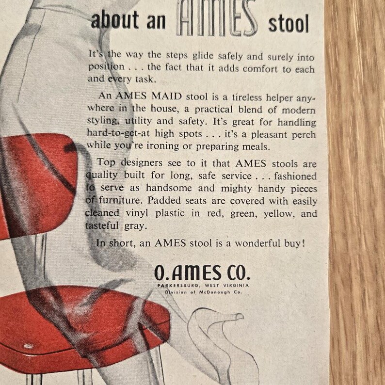 1950s Ames Maid Stool Advertisement | Mid Century Kitchen Ad With Red ...