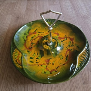 Vintage California Originals Pottery Tray Mid Century Modern Serving Dish, Green and Gold Ceramic Snack Tray, 1970s California Pottery Decor