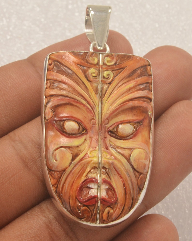 Maori Mask New Zealand 925 Sterling Silver Carved Buffalo Bone Etsy