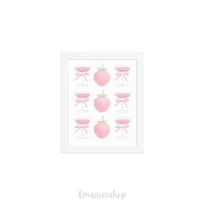 Pink Martini Strawberry Bow Wall Art – Coquette Aesthetic Poster for Girly Girls, Feminine Bar Cart & Kitchen Decor