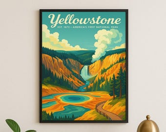 Yellowstone nationalpark-tryck | Naturlandskapstryck | Vintage Yellowstone-affisch
