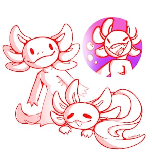 Puede incluir: Ilustración digital de un ajolote de dibujos animados en contorno rojo claro. El ajolote se representa en tres poses: de pie, tumbado y en un círculo morado. El ajolote tiene una cara sonriente y branquias rizadas.