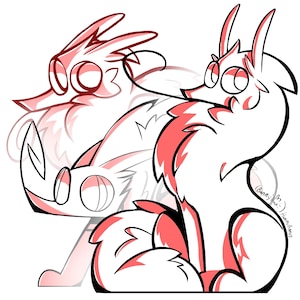 May include: A cartoon illustration of two stylized foxes in white and red. The fox in the foreground is seated, with a fluffy tail and pointed ears. The second fox is a faded outline behind the first.