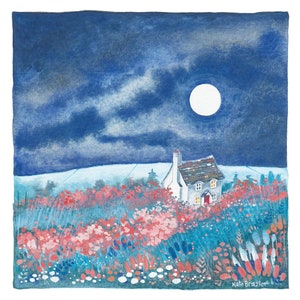May include: Watercolor painting of a cottage at night. The white house has a gray roof and a red door, with yellow light in the windows. The foreground features red and pink flowers and blue-green grass. A full moon and dark blue sky complete the scene.
