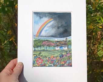 ORIGINAL ART - Rainbow Cottage - Mixed media original on heavyweight Hahnemuhle watercolour paper - Mounted or Framed. Colour. Floral