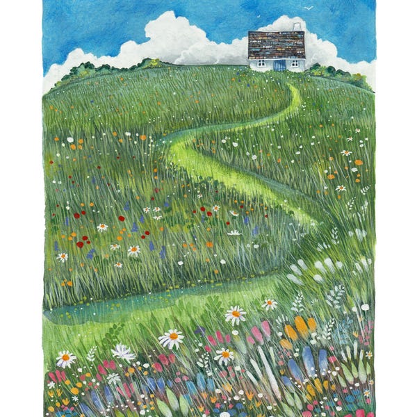 Daisy Hill Cottage A5 Signed Limited Edition Print – Floral Countryside Landscape